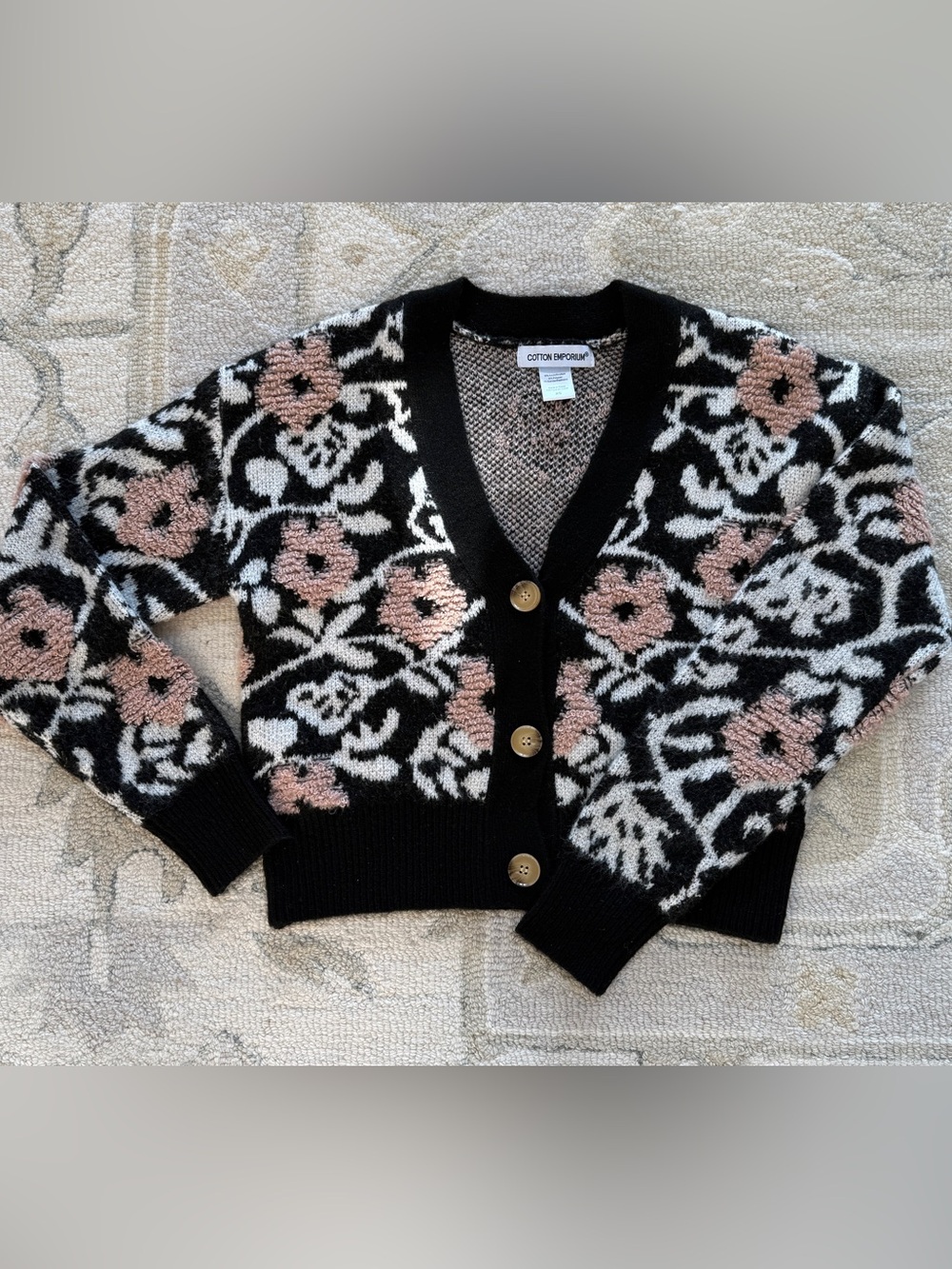 NWOT Cotton Emporium Black Floral Cardigan with Blush Flowers l sz XS